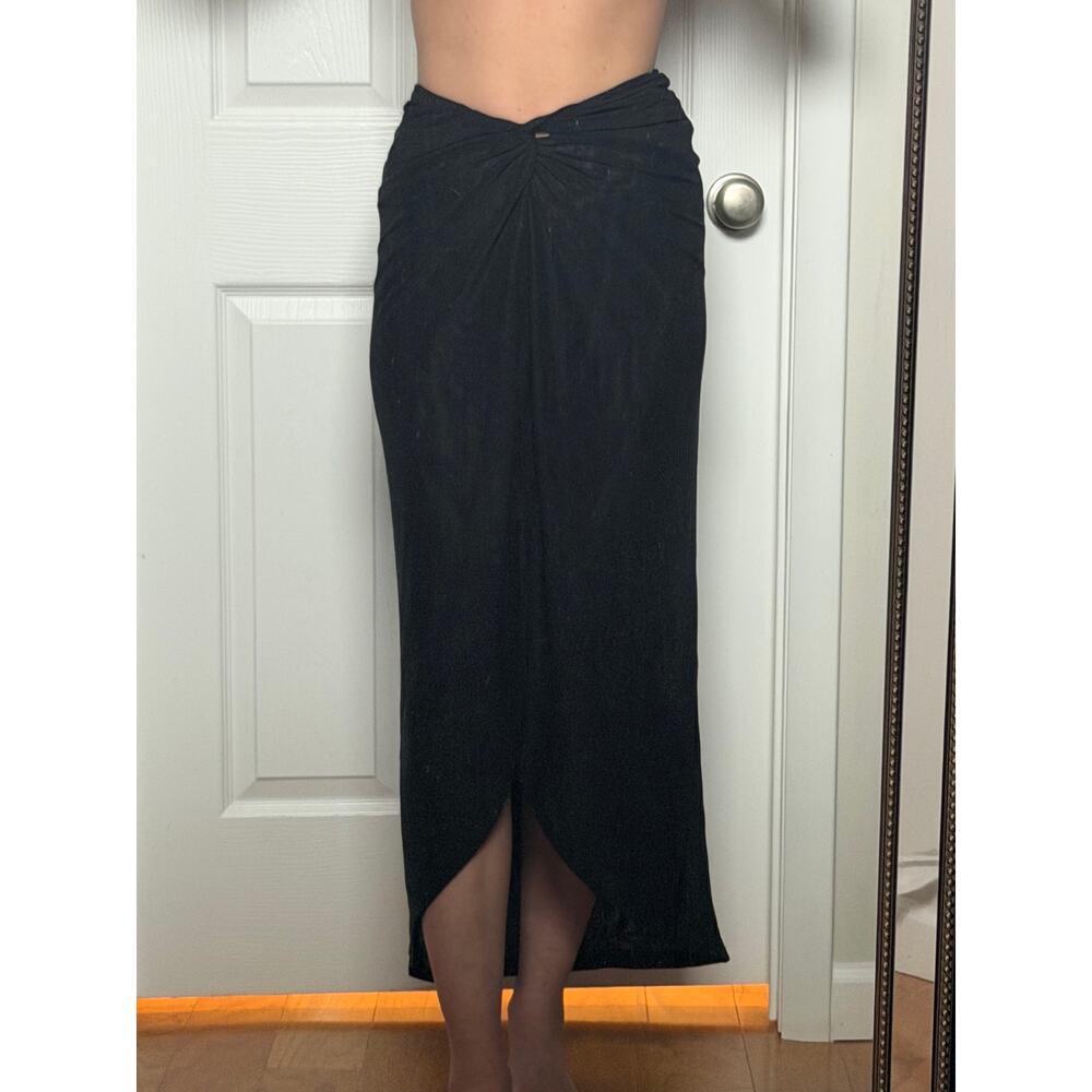 MESHKI Sheer Tulip Maxi Skirt Black Draped Mesh High Low Elegant Womens Medium
